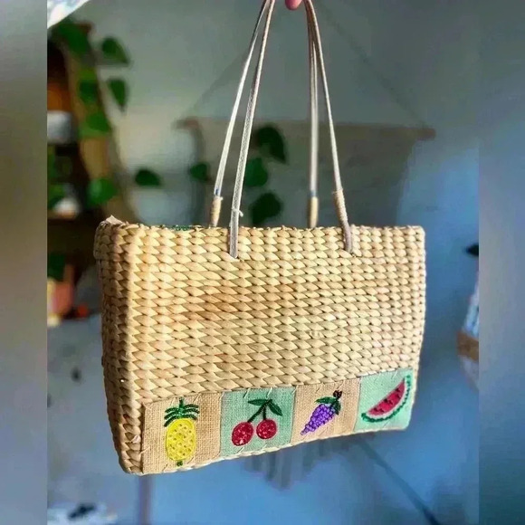 Xhilaration Tan Woven Shoulder Bag with Colorful Fruit Accents - Picture 1 of 11